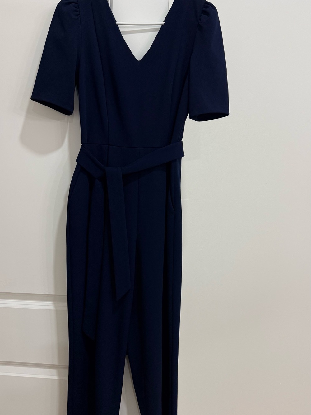 DKNY Navy Long-Sleeve V-Neck Jumpsuit with Waist Tie